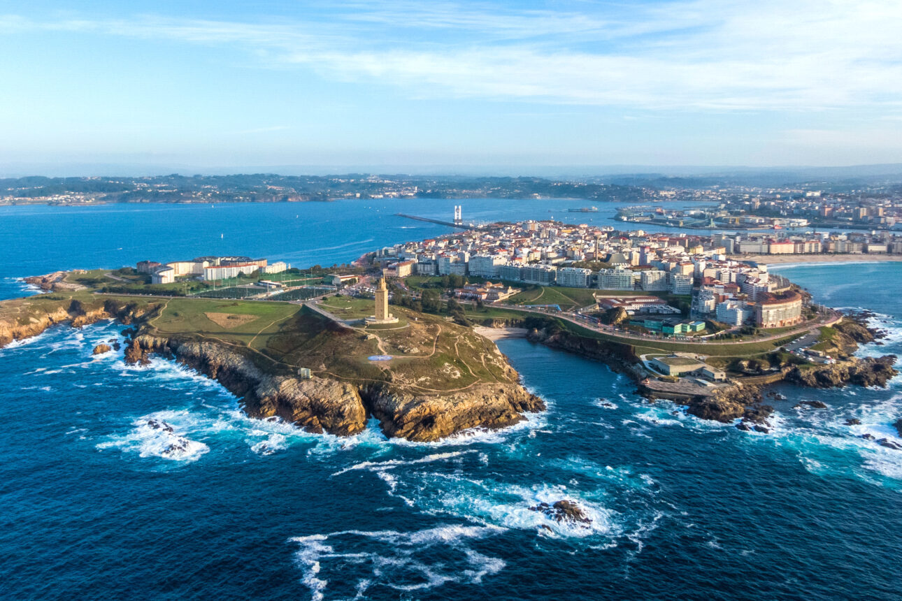 Aerial view of A Coruna coastal city and Hercules tower, Galicia, Spain